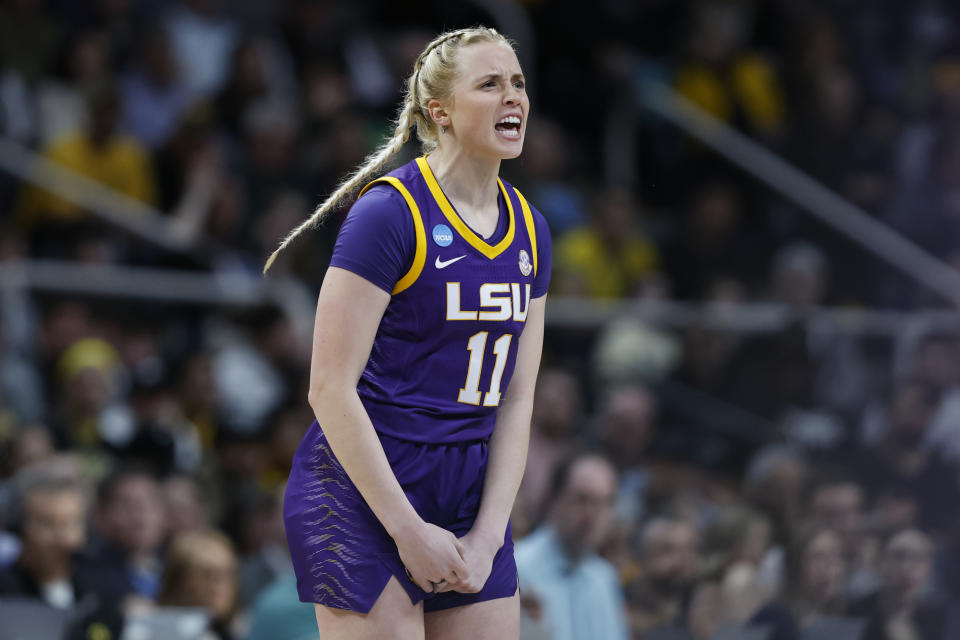 ALBANY, NEW YORK - APRIL 01: Hailey Van Lith #11 of the LSU Tigers reacts during the first half against the Iowa Hawkeyes in the Elite 8 round of the NCAA Women's Basketball Tournament at MVP Arena on April 01, 2024 in Albany, New York. (Photo by Sarah Stier/Getty Images)