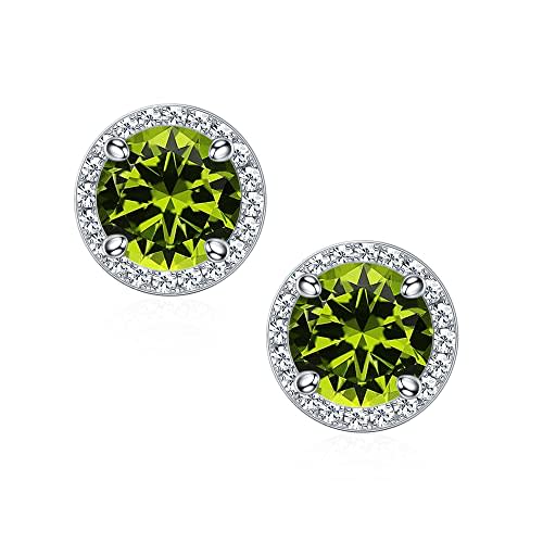 Peridot Birthstone Stud Earrings for Women, Natural Peridot Birthstone Earrings 18K White Gold Plated S925 Sterling Silver Halo Round Cut Genuine Peridot August Birthstone Earrings for Women Mother