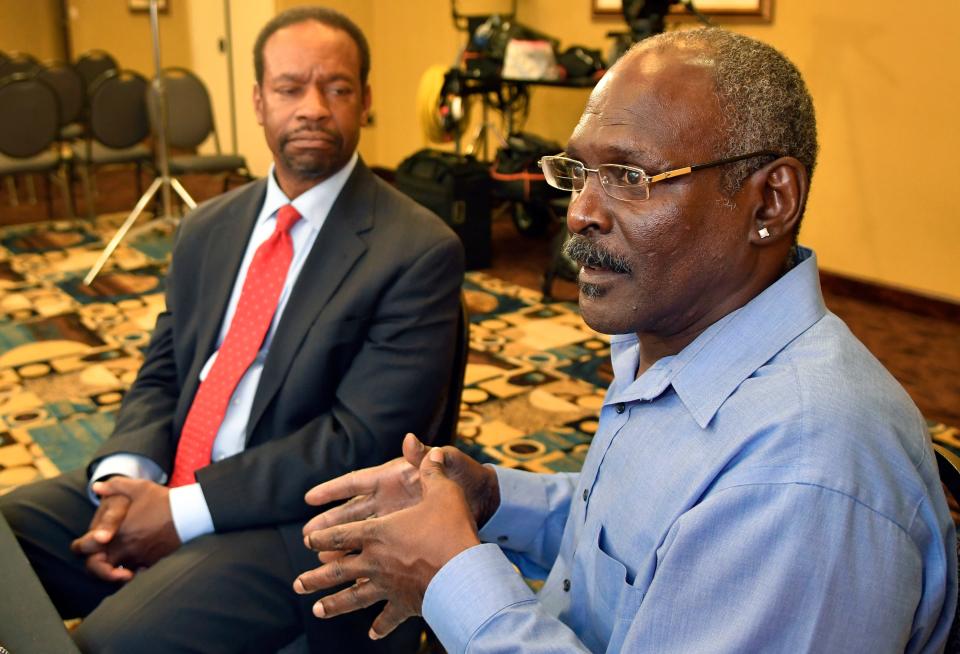 A Sept. 26 press conference for Crosley Green at the Holiday Inn in Titusville, regarding the recent U.S. Court of Appeals for the 11th Circuit denying his request for a rehearing. Crowell & Moring LLP have represented him pro bono for the past 14 years. Green sits on the right next to his attorney, Keith Harrison.
(Photo: TIM SHORTT/ FLORIDA TODAY)