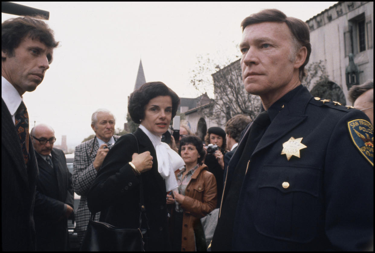Dianne Feinstein and San Francisco's Chief of Police Charles Gain, right, among others, at a memorial service for assassinated Supervisor Harvey Milk in San Francisco in 1978.