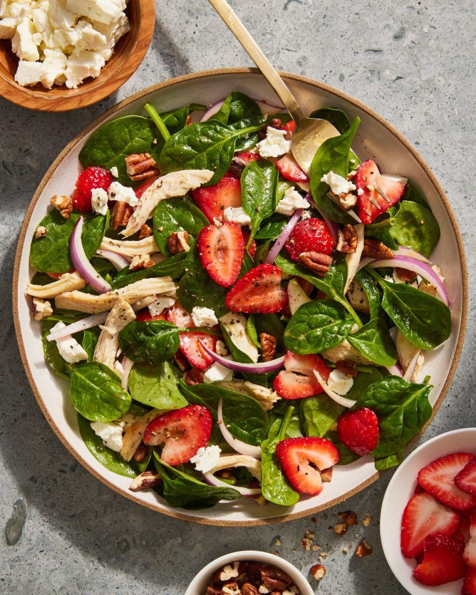 <p>The combination of sweet strawberries, herby chicken, creamy goat cheese, and spicy red onions may even make so-called spinach haters love this recipe.</p><p>Get the <strong><a href="https://www.delish.com/cooking/recipe-ideas/a27077746/easy-strawberry-spinach-salad-recipe/" rel="nofollow noopener" target="_blank" data-ylk="slk:Strawberry Spinach Salad recipe;elm:context_link;itc:0;sec:content-canvas" class="link ">Strawberry Spinach Salad recipe</a></strong>.</p>