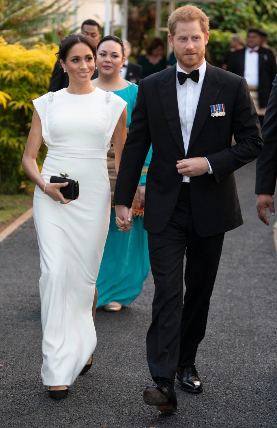 Meghan chose a white sleeveless gown. (Getty Images)