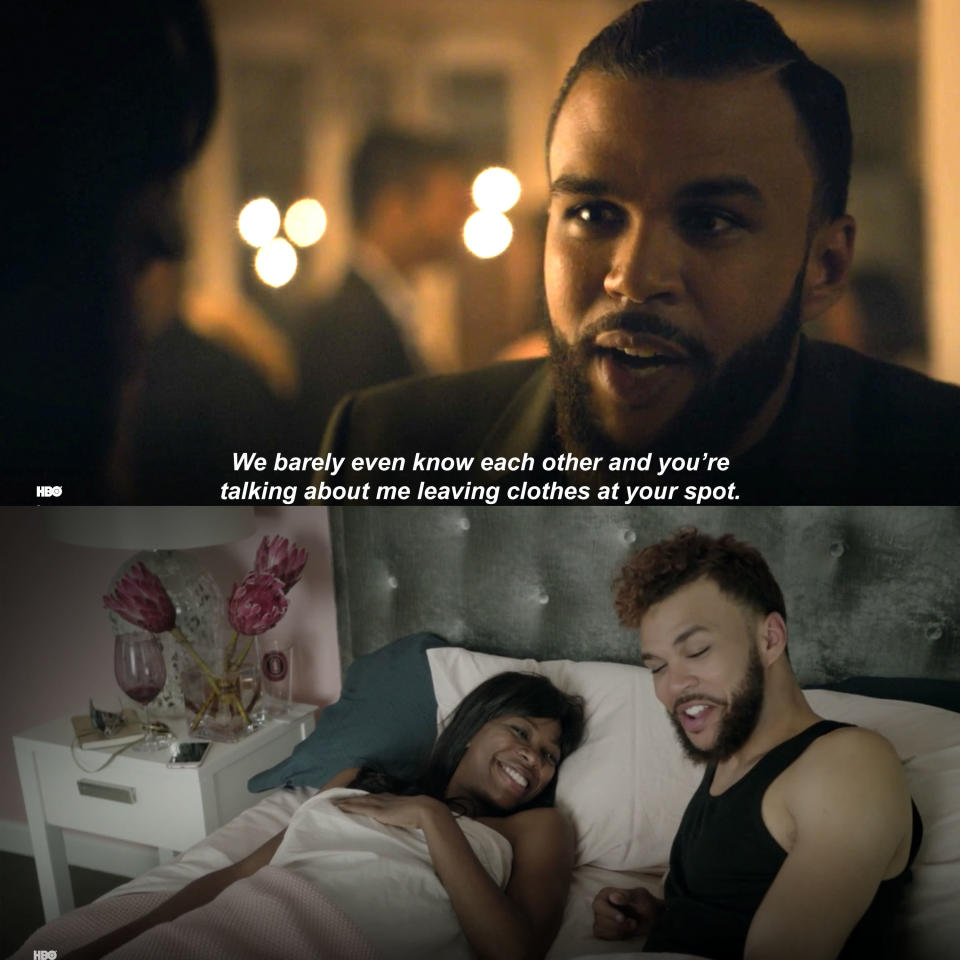 (Top) Jidenna as Chris in &quot;Insecure&quot; gives Molly a hard time at a party (Bottom) Chris and Molly in bed post-sex