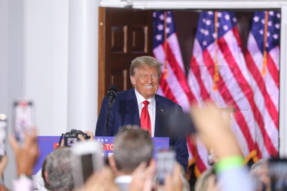 Bedminster, NJ- June 13,2023 -- Former President Donald Trump spoke to a crowd of supporters outside the clubhouse of his Trump National Golf Club in Bedminster, NJ, hours after he was arraigned in Miami.