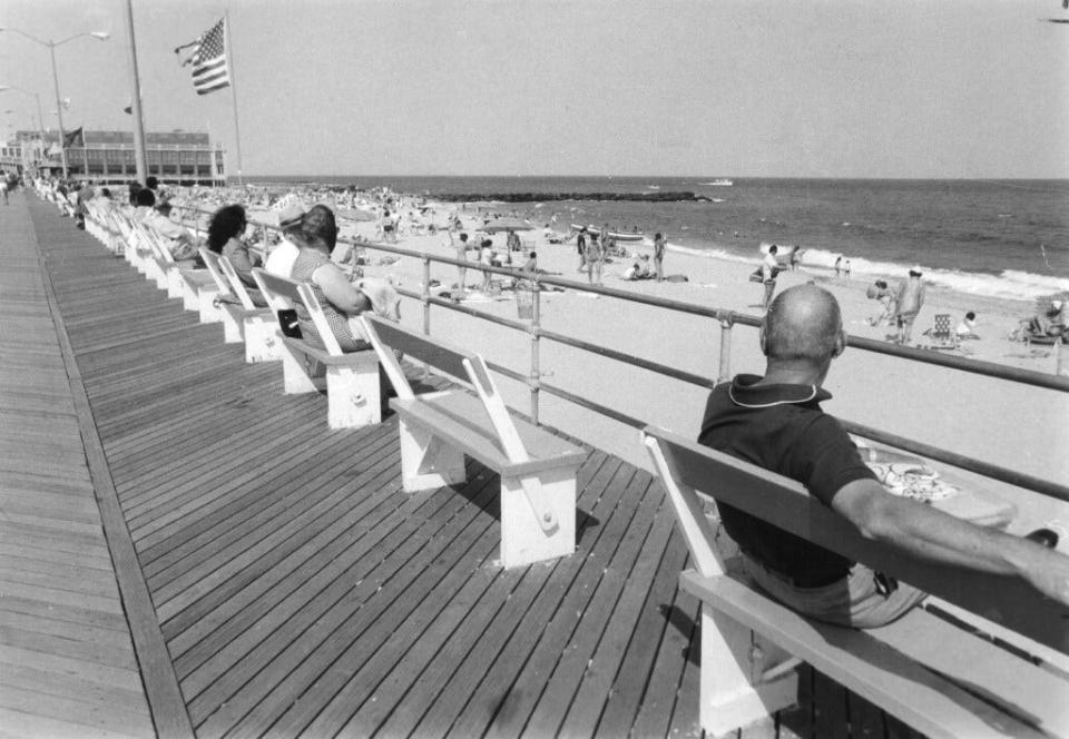 The boardwalk and beach in Asbury Park, 1971.