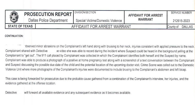 This affidavit details an incident involving Von Miller and the reported victim.  / Credit: Dallas Police Department