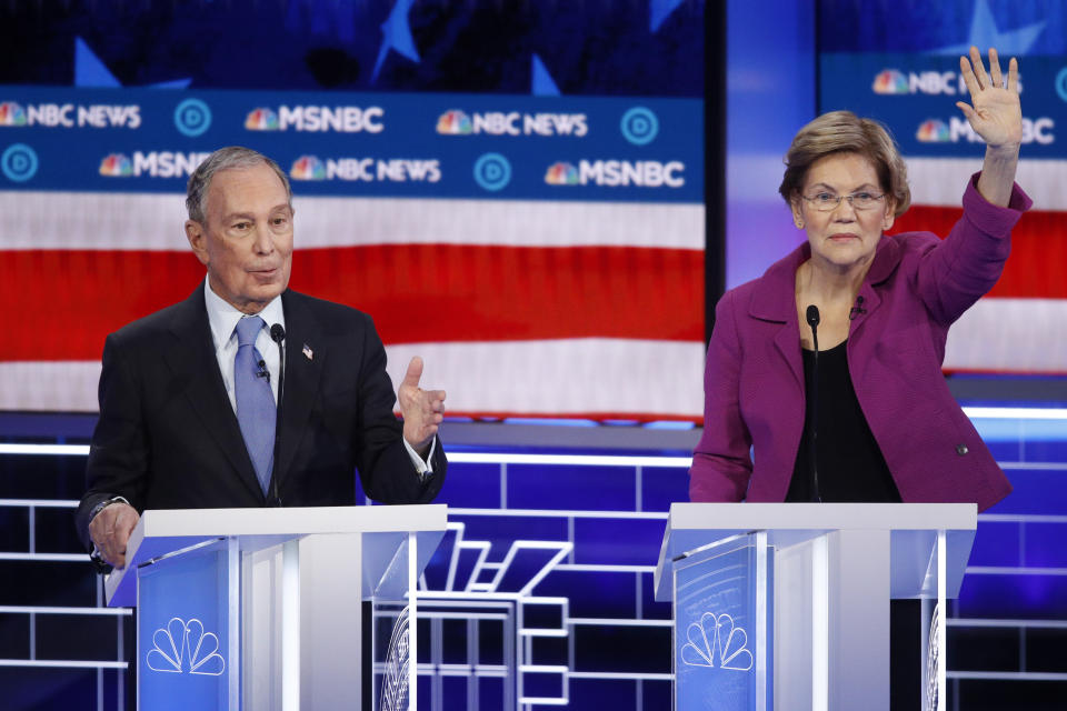 Democratic presidential candidates, former New York City Mayor Mike Bloomberg, left, speaks as Sen. Elizabeth Warren, D-Mass., gestures during a Democratic presidential primary debate Wednesday, Feb. 19, 2020, in Las Vegas, hosted by NBC News and MSNBC. (AP Photo/John Locher)