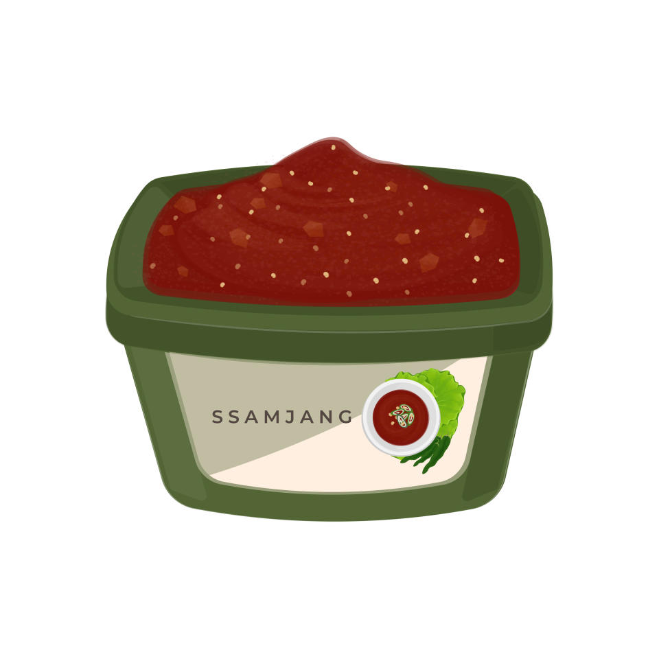 A container of ssamjang, a Korean dipping sauce made with a spicy red paste, illustrated with green onion and garnished on the label