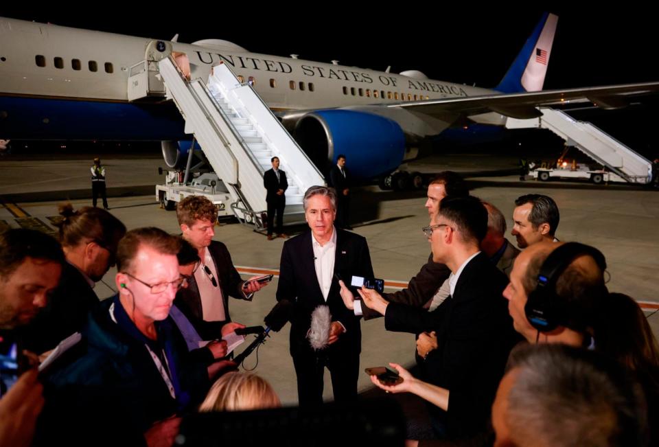 PHOTO: U.S. Secretary of State Antony Blinken speaks to the media, during his weeklong trip aimed at calming tensions across the Middle East, at the airport in Al Ula, Saudi Arabia, Monday, Jan. 8, 2024. (Evelyn Hockstein/Pool Photo via AP)