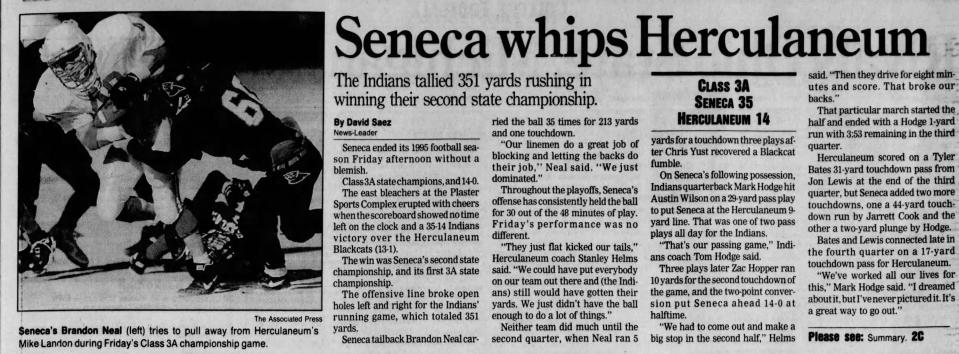 A News-Leader clipping from the last time Seneca won a state championship. Seneca beat Herculaneum 35-14 after rushing for 351 yards in the state championship game.
