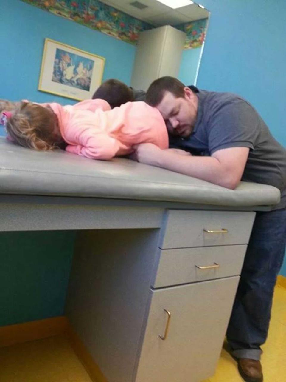 "My daughter was up all night from a cold, so naturally, we were too. Both were exhausted by the time we got to the doctor's office. Hahaha."