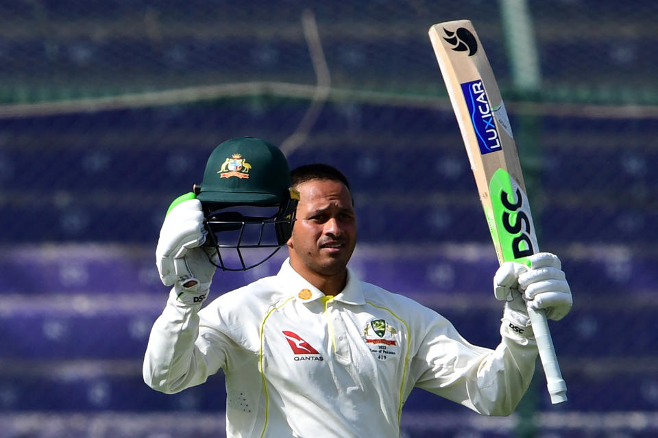 Usman Khawaja, pictured here after scoring a century in the second Test against Pakistan.