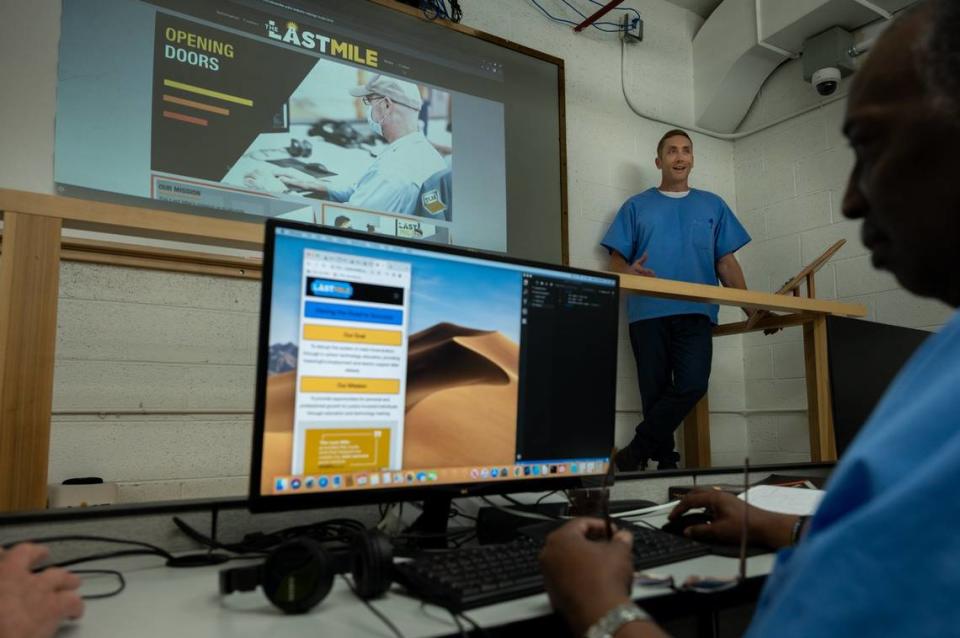 Alex Yoha talks about the skills he has learned in the Last Mile computer coding program at San Quentin State Prison in San Rafael on Wednesday.
