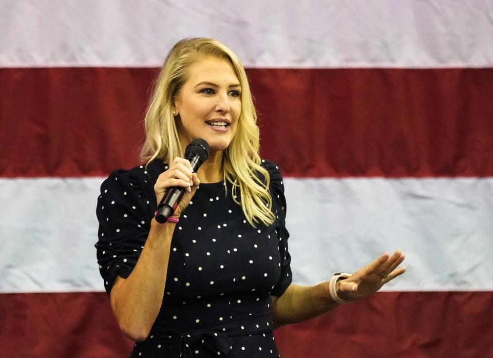 Bridget Ziegler speaks at the Sarasota and Manatee Republican Parties candidates rally at Robarts Arena in Sarasota on Saturday.