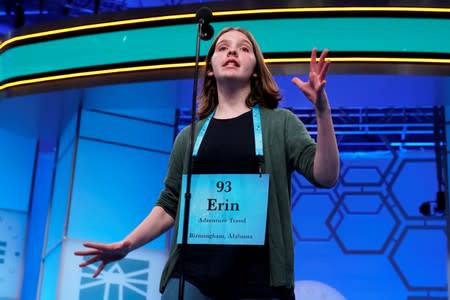 Erin Howard competes in the final round of the 92nd annual Scripps National Spelling Bee in Oxon Hill, Maryland.