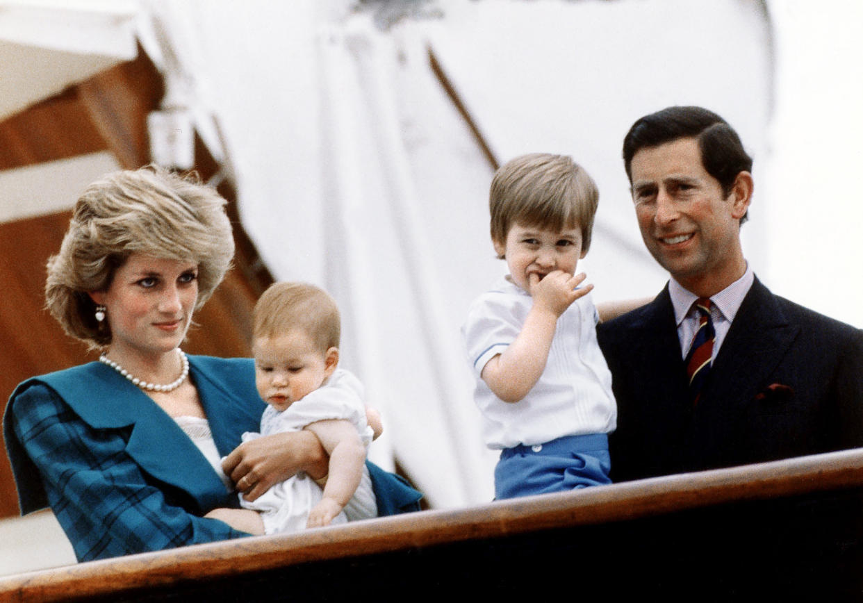 Princess Diana and Prince Charles pose with their sons Princes Harry and William on board royal yacht Britannia during their visit to Venice, Italy, 6th May 1985. (Photo by Mirrorpix/Getty Images)