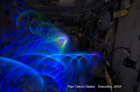 Astronaut Koichi Wakata tweeted this photo of the "Spiral Top" from aboard the International Space Station on Jan. 6, 2014. The toy uses LED lights to make art in zero-g conditions.