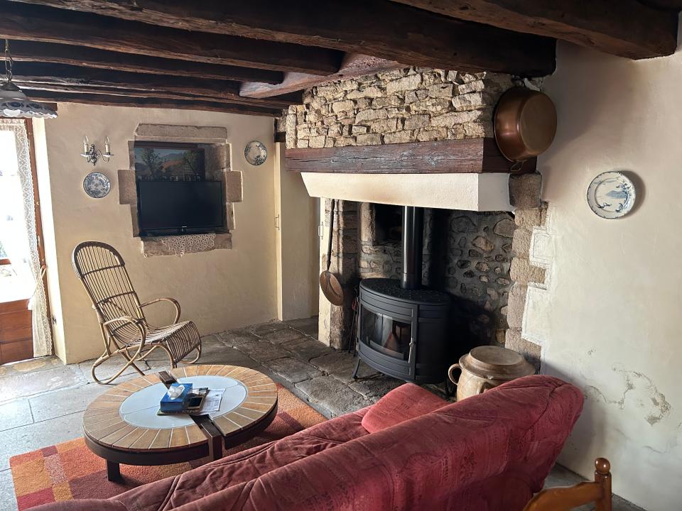 The living room and fireplace.