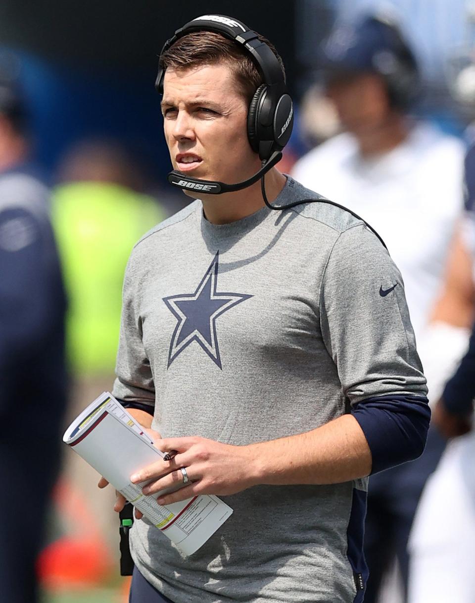 Offensive Coordinator Kellen Moore of the Dallas Cowboys at SoFi Stadium on September 19, 2021 in Inglewood, California. (Ronald Martinez/Getty Images/TNS)
