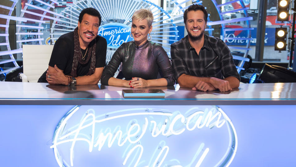 <em>American Idol</em> got off to an early start during the American Music Awards’ live broadcast Sunday night (Nov. 19), as the public was given a rare opportunity to override the judges panel and award one of three hopefuls a golden ticket to Hollywood. Shown here are the next <em>American Idol</em> judges: Lionel Richie, left, Katy Perry, and Luke Bryan. (Photo: ABC)