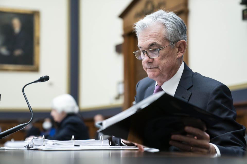 Federal Reserve Chairman Jerome Powell arrives for a House Financial Services Committee hearing Thursday, Sept. 30, 2021, on Capitol Hill in Washington. (Sarah Silbiger/Pool via AP)