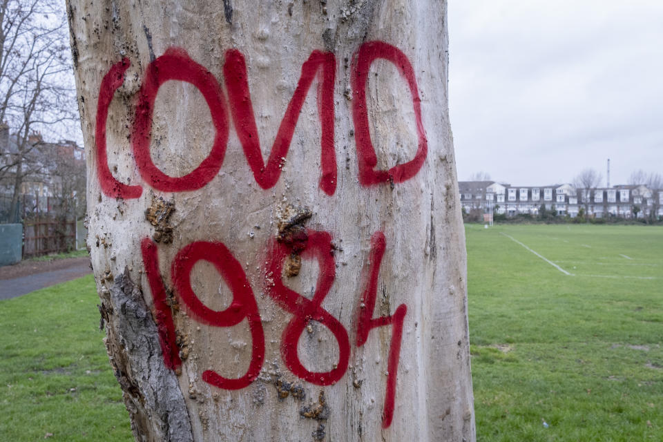 A detail of red graffiti written by an anti-vax Covid activist, on the surface of a tree trunk in North London, on December 30, 2021, in London, England. Referencing George Orwell's dystopian novel, '1984', which describes a totalitarian state that controls its population through propaganda and disinformation. (Photo by Richard Baker/In Pictures via Getty Images)