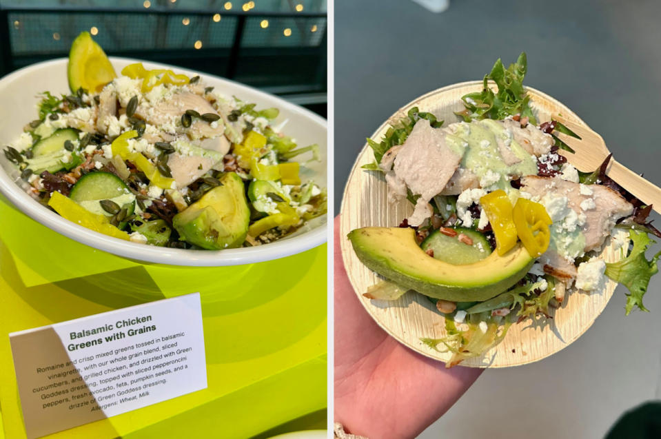 Hand holding a plate with a balsamic chicken salad, featuring avocado and a creamy dressing, plus a descriptive label below