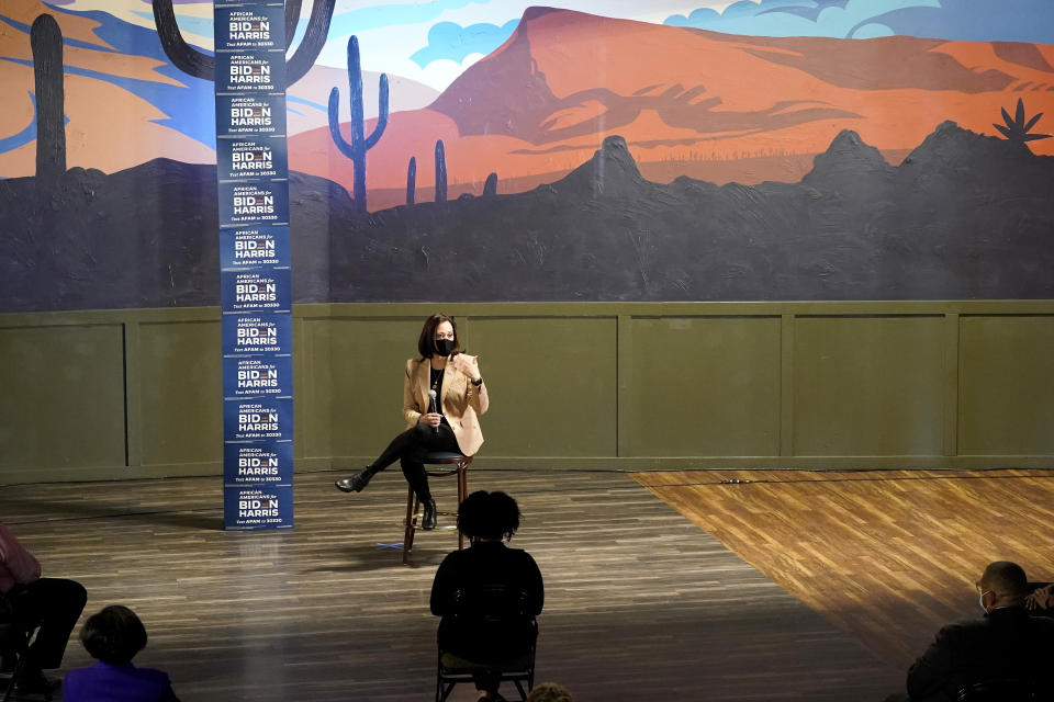 Democratic vice presidential candidate Sen. Kamala Harris, D-Calif., speaks at meeting with Black leaders, Wednesday, Oct. 28, 2020, in Phoenix. (AP Photo/Matt York)