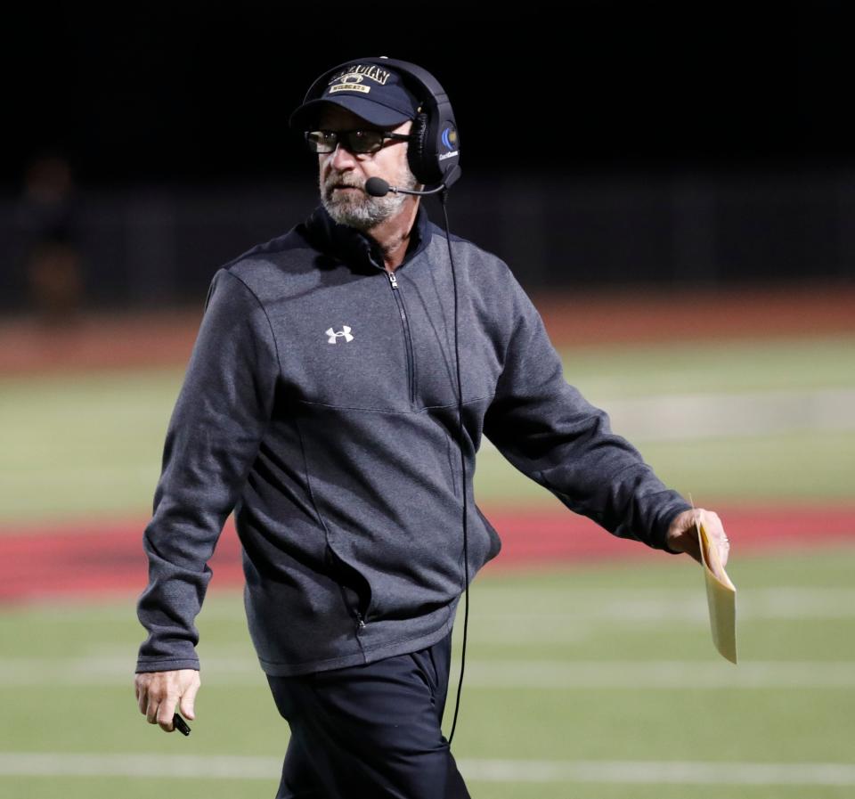 Canadian head coach Chris Koetting watches his team in the first half of a Region I-3A Division II quarterfinal game against Wall, Friday, Dec. 2, 2022, at First United Park in Woodrow, Texas.