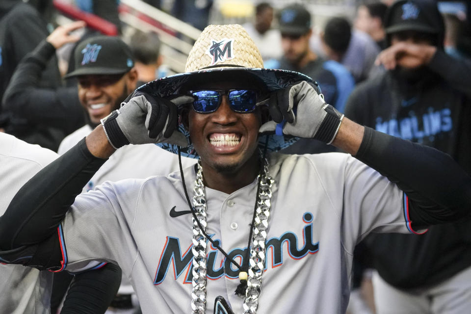 CORRECTS TO JESUS SANCHEZ, INSTEAD OF JAZZ CHISHOLM JR. Miami Marlins' Jesus Sanchez celebrates after hitting a solo home run against the Atlanta Braves during the second inning of a baseball game Wednesday, April 26, 2023, in Atlanta. (AP Photo/John Bazemore)