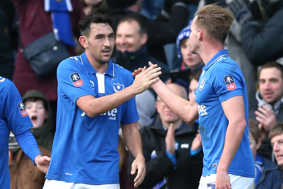 Football Soccer - Portsmouth v AFC Bournemouth - FA Cup Fourth Round - Fratton Park - 30/1/16 Gary Roberts celebrates after scoring the first goal for Portsmouth Action Images via Reuters / Alex Morton Livepic EDITORIAL USE ONLY. No use with unauthorized audio, video, data, fixture lists, club/league logos or "live" services. Online in-match use limited to 45 images, no video emulation. No use in betting, games or single club/league/player publications. Please contact your account representative for further details.