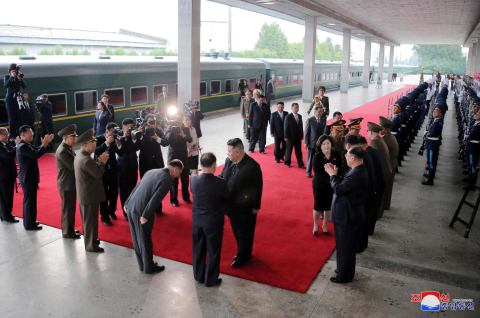 North Korean leader Kim Jong Un, accompanied by government officials, departs Pyongyang, North Korea, to visit Russia, Sept. 10, 2023, in this image released by North Korea's Korean Central News Agency on Sept. 12, 2023. / Credit: KCNA via REUTERS