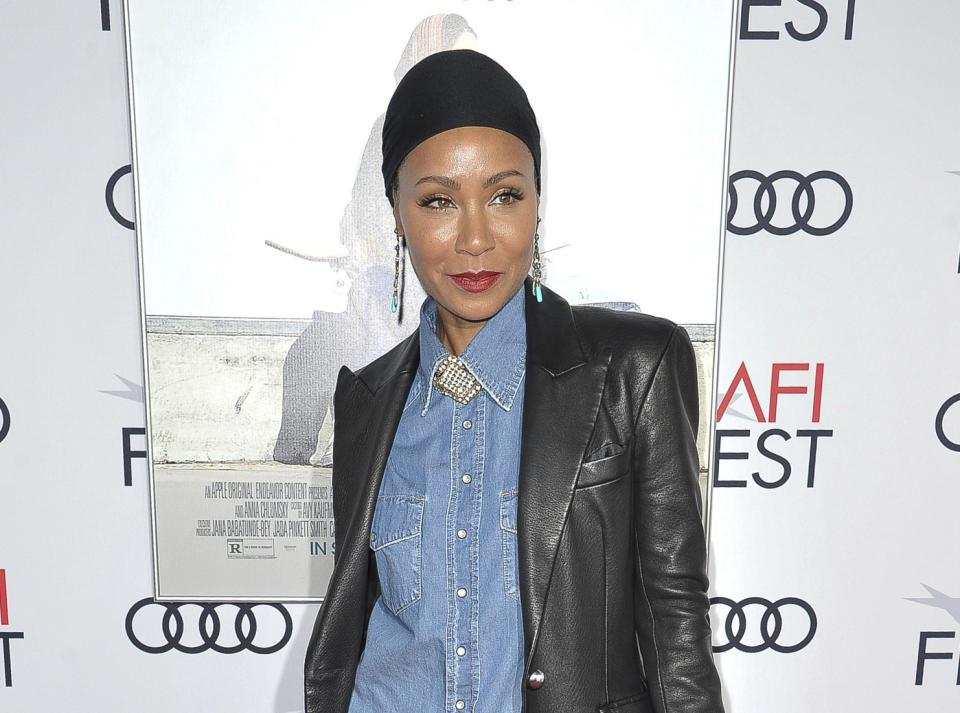 FILE - This Nov. 18, 2019 file photo shows Jada Pinkett Smith at the premiere of "Hala" at 2019 AFI Fest in Los Angeles. Pinkett Smith says she’s very comfortable sharing personal information on her show “Red Table Talk,” and she says she expects to do a lot more in future episodes. (Photo by Richard Shotwell/Invision/AP, File)