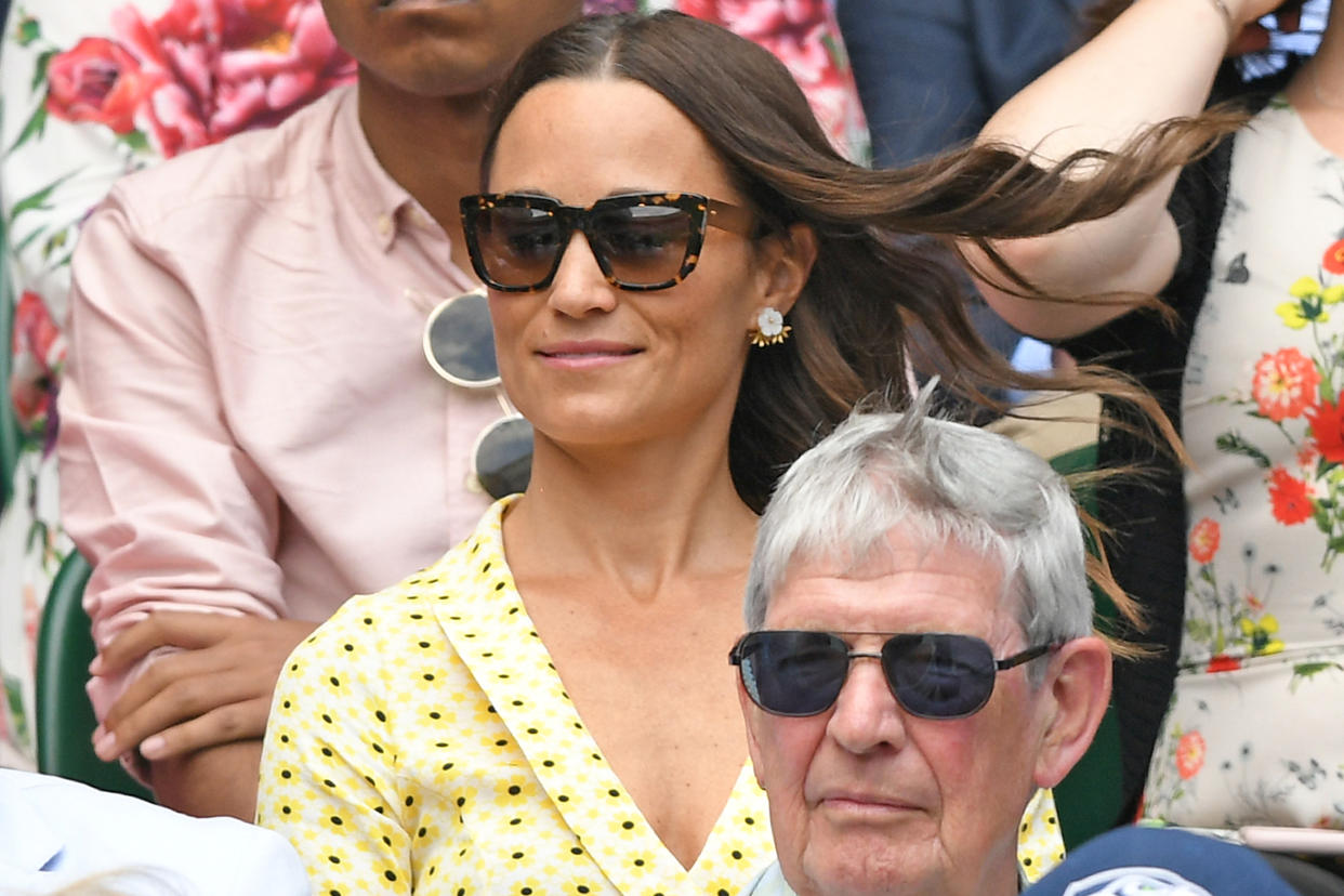 A photo of Pippa Middleton on Centre Court during day eleven of the Wimbledon Tennis Championships at All England Lawn Tennis and Croquet Club on July 12, 2019 in London, England.