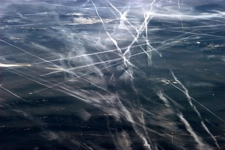 Contrails from jet traffic can be seen over San Francisco in this photo by Canadian astronaut Chris Hadfield on board the International Space Staion (ISS) on April 6, 2013. Hadfield captured the public imagination with regular updates on Twitter that gave an unprecedented insight into daily life in space and access to spectacular images taken from the ISS