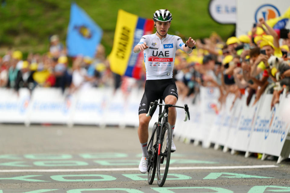 CAUTERETSCAMBASQUE FRANCE  JULY 06 Tadej Pogacar of Slovenia and UAE Team Emirates  White Best Young Rider Jersey celebrates at finish line as stage winner during the stage six of the 110th Tour de France 2023 a 1449km stage from Tarbes to CauteretsCambasque 1355m  UCIWT  on July 06 2023 in  CauteretsCambasque France Photo by David RamosGetty Images