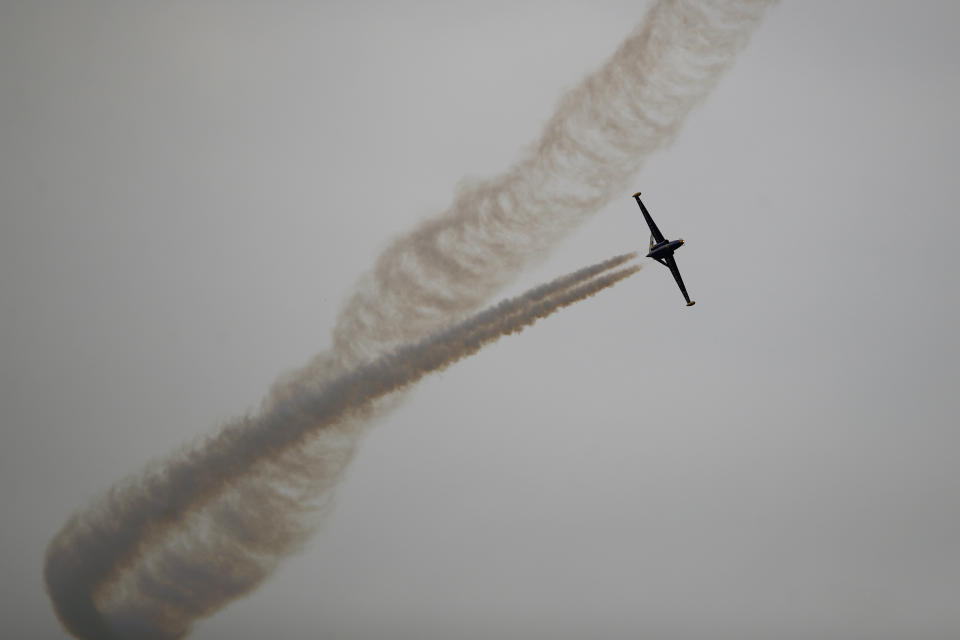 The Fouga Magister performs a demonstration flight at Paris Air Show, in Le Bourget, north east of Paris, France, Tuesday, June 18, 2019. The world's aviation elite are gathering at the Paris Air Show with safety concerns on many minds after two crashes of the popular Boeing 737 Max. (AP Photo/ Francois Mori)