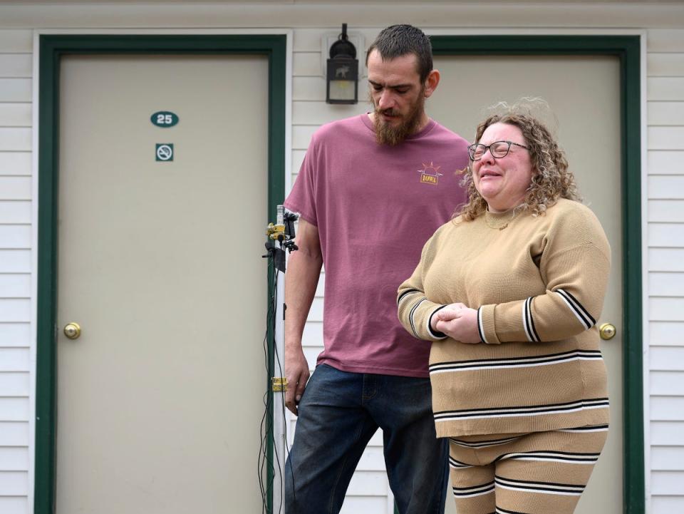 Jake Rowley, the regional team leader of United Cajun Navy, and Sarah Schultz, the wife of the deceased truck driver, held an emotional conference on Thursday morning  in Sac City, Iowa (Tim Hynds/AP)