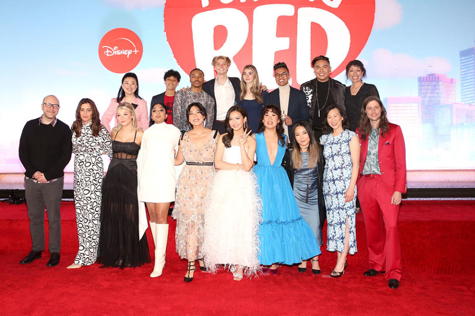 EP Dan Scanlon, producer Lindsey Collins, Ava Morse, Sherry Cola, Maitreyi Ramakrishnan, Tristan Allerick Chen, Josh Levi, director Domee Shi, Addie Chandler, Rosalie Chiang, Lily Sanfelippo, Sandra Oh, Grayson Villanueva, Hyein Park, Topher Ngo, writer Julia Cho, Mia Tagano and composer Ludwig Göransson. - Credit: Jesse Grant/Getty Images