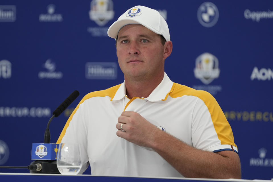 Europe's Sepp Straka attends a press conference ahead of the Ryder Cup at the Marco Simone Golf Club in Guidonia Montecelio, Italy, Tuesday, Sept. 26, 2023. The Ryder Cup starts Sept. 29, at the Marco Simone Golf Club. (AP Photo/Gregorio Borgia)