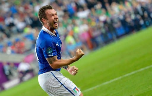 Italian forward Antonio Cassano celebrates after scoring during the Euro 2012 match against Ireland on June 18. Italy put behind them a nightmare run-in both on and off the pitch to reach the Euro 2012 quarter-finals with a 2-0 defeat of Ireland