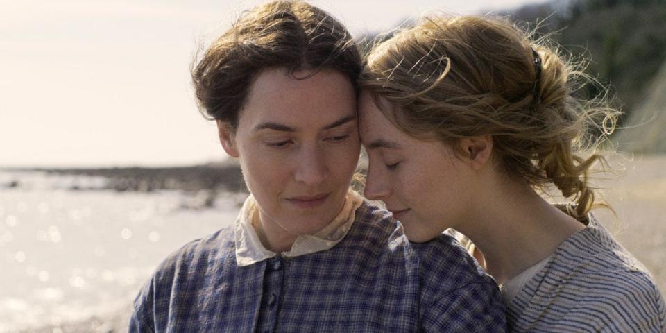 A paleontologist (Kate Winslet, left) and a wealthy young wife (Saoirse Ronan) fall in love in the romance "Ammonite."