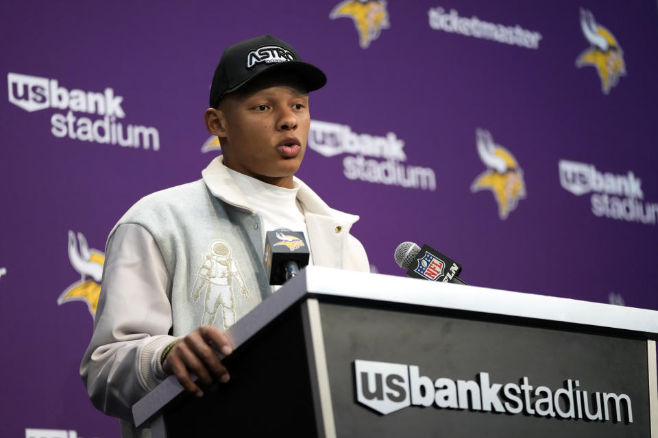 Minnesota Vikings quarterback Joshua Dobbs speaks during a news conference after an NFL football game against the Chicago Bears, Monday, Nov. 27, 2023, in Minneapolis. The Bears won 12-10. (AP Photo/Abbie Parr)