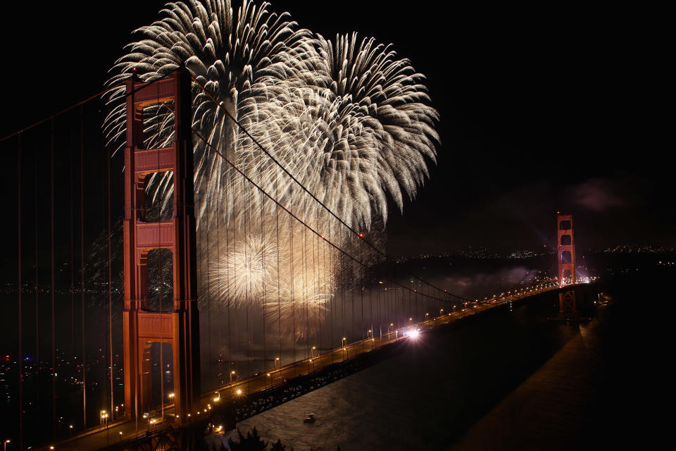 A stunning firework display over the Golden Gate Bridge in San Francisco, California. The 1.7-mile steel suspension bridge celebrated its 75th anniversary. One of the wonders of the modern world it opened to traffic on 27 May 1937.