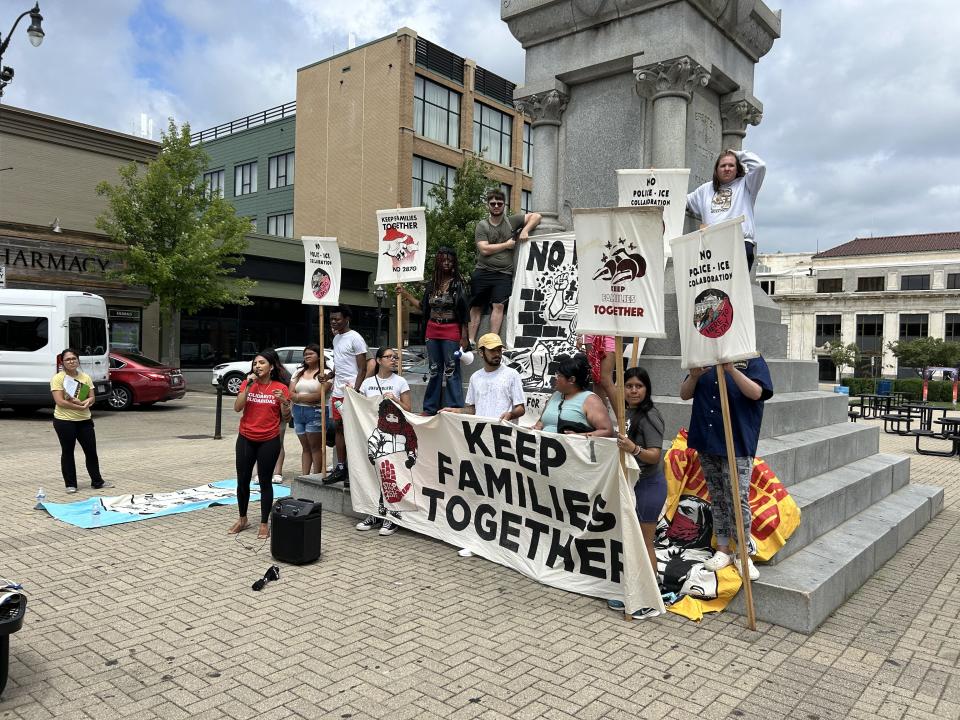 Voces de la Frontera, an immigration advocacy group, began their protest against Trump’s Wisconsin visit block away from the rally in Racine.