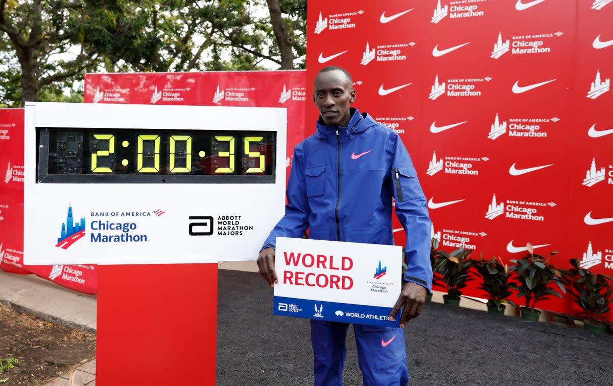 Kelvin Kiptum celebrates his world record time in the 2023 Chicago Marathon (AFP via Getty Images)