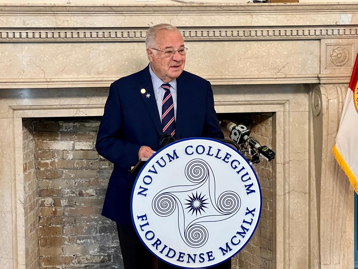 Joe Ricketts, a billionaire GOP-megadonor and founder of Ricketts Great Books College, speaks at a press conference on the campus of New College of Florida Thursday, Jan. 12, 2024.