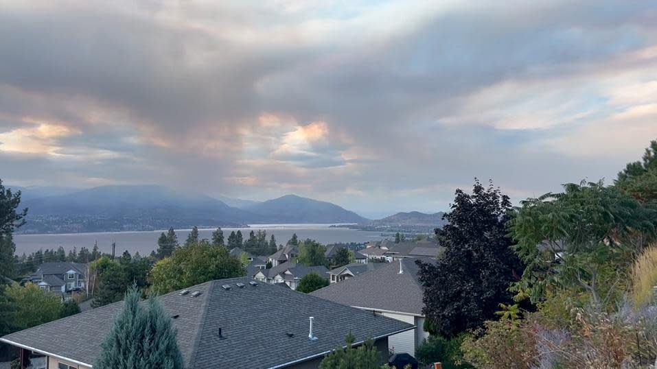 Smoke from the Glen Lake wildfire near Peachland is visible north of the fire, in Kelowna on Sept. 16, 2023.