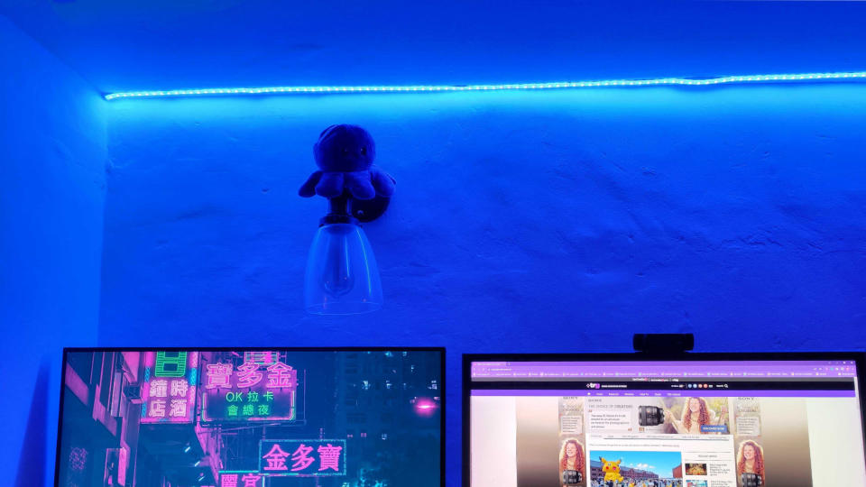 A workspace lit in blue