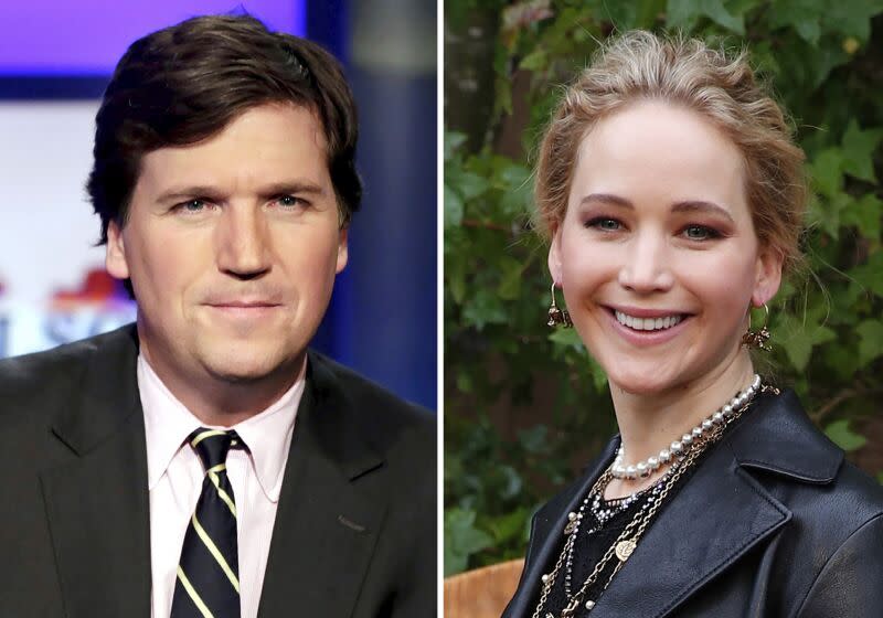 Left, Tucker Carlson, host of "Tucker Carlson Tonight," and right, 2019 photo of actress Jennifer Lawrence in Paris.